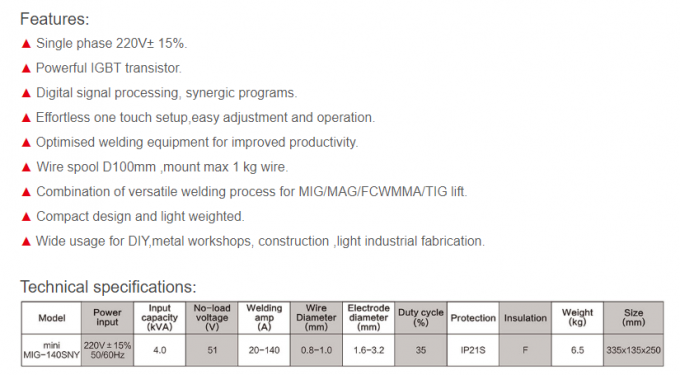 MINI máquina de soldadura de MIG-140SNY